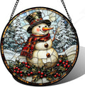 Stained Glass Window Hanging - Christmas Snowman Suncatcher for Door Terrace Garden Home Decor Winter Forest Snow Sun Catcher Birthday Gifts for Lovers Women Men Dad Mom Nana 6.3 in