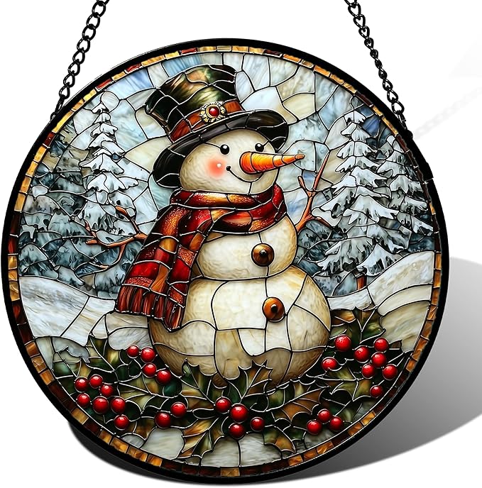 Stained Glass Window Hanging - Christmas Snowman Suncatcher for Door Terrace Garden Home Decor Winter Forest Snow Sun Catcher Birthday Gifts for Lovers Women Men Dad Mom Nana 6.3 in
