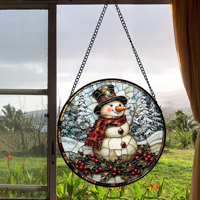 Stained Glass Window Hanging - Christmas Snowman Suncatcher for Door Terrace Garden Home Decor Winter Forest Snow Sun Catcher Birthday Gifts for Lovers Women Men Dad Mom Nana 15 in