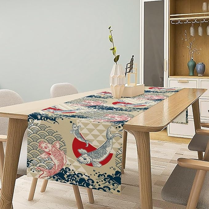 Japanese Table Runner Oriental Tradition Kio Fish Art Printed Burlap Runner Home Kitchen Dining Table Living Room Decor Fabric 1 Panel W13xL120in