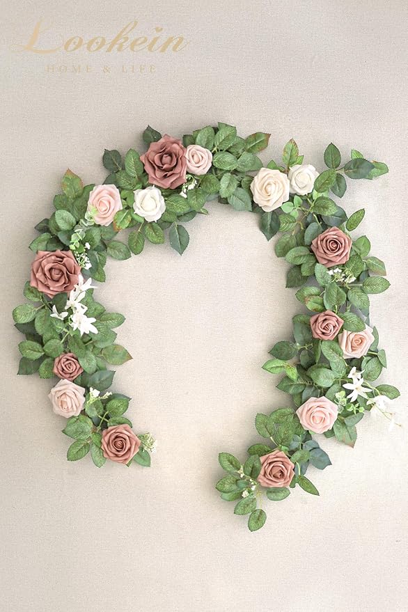 Lookein Artificial Rose Flower Garland Greenery Garland 5FT for Wedding Ceremony Backdrop Arch Flowers Table Centerpieces Decorations, Garden Dusty Rose