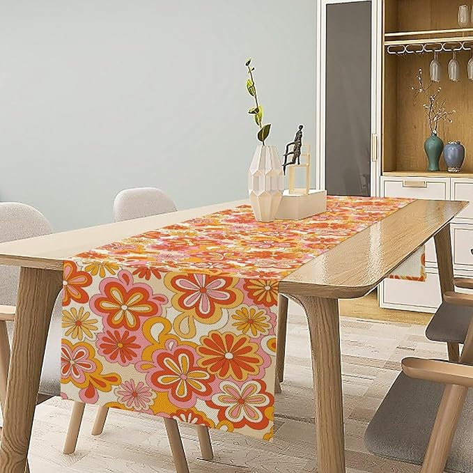 Vintage Floral Table Runner,70s Style Retro Daisies Flower Hippie Table Runner for Kitchen Dining Table Home Party Decoration 13x60 Inch