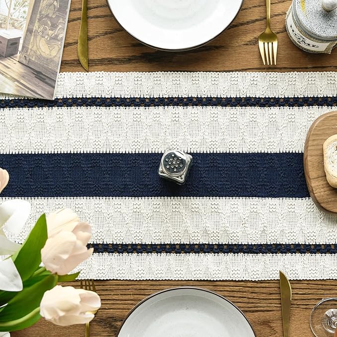 Artoid Mode Dark Blue Farmhouse Woven Rustic Table Runner, Seasonal Holiday Hollow Kitchen Dining Table Decoration for Home Party Decor 12x36 Inch