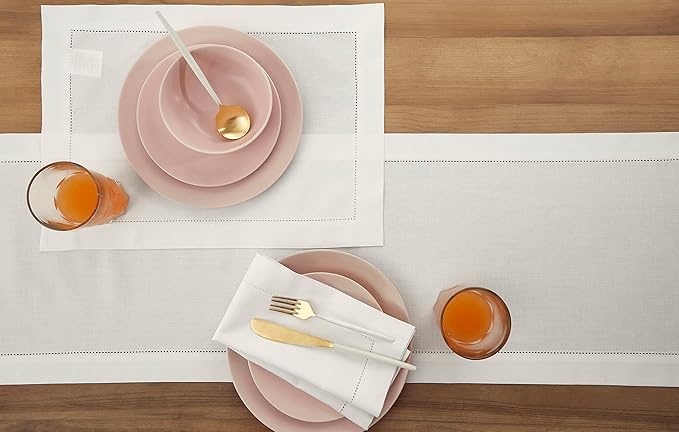 Solino Home White Table Runner 120 Inches Long - Cotton Linen Hemstitch 14 x 120 Inch Table Runner for Dining, Fall, Autumn, Halloween, Thanksgiving, Christmas, Holiday
