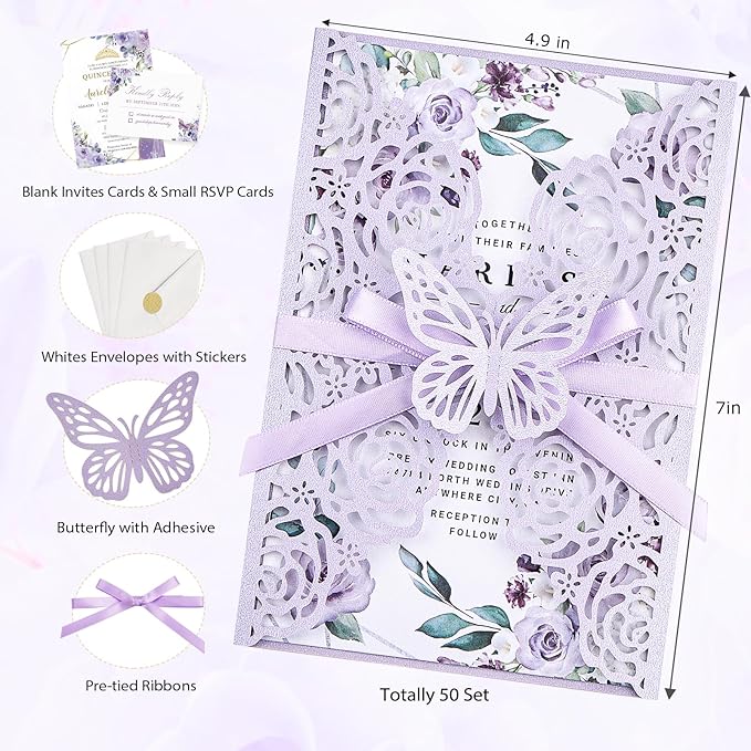 Purple Butterfly Laser Cut Wedding Invitations 50 Set, Hollow Out Rose Shaped Wedding Invites for Bridal Shower Quince Invitaciones Para Boda (Blank Inner Sheet, No Pattern)