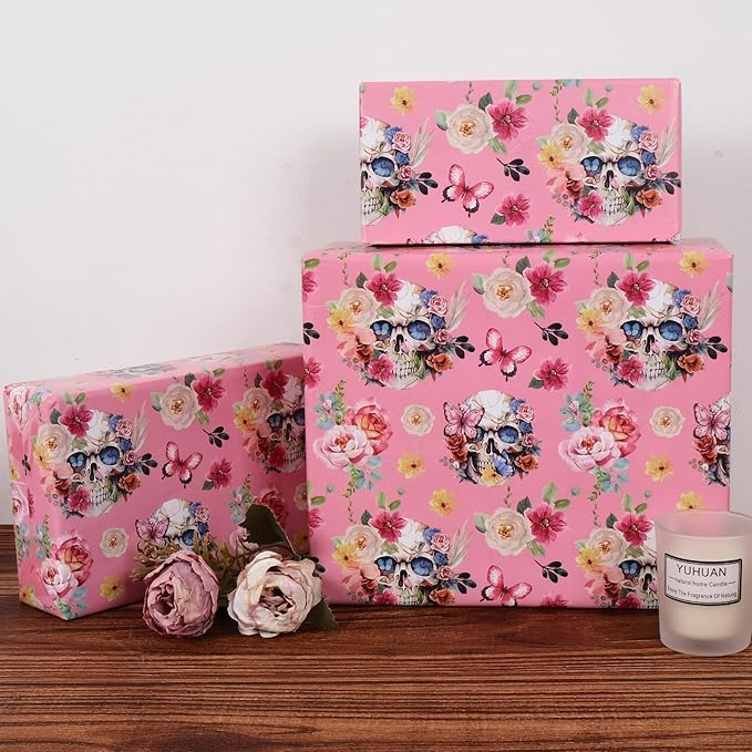 Aimyoo Gothic Wrapping Paper Roll, 17 Inch X 16.5 Feet Skull Floral Butterfly Design Gift Wrap Paper for Mother's Day, Birthday Bridal Shower
