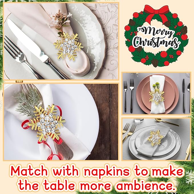 Halatool Christmas Napkin Rings Set of 8, Gold Snowflake with White Rhinestone Napkin Holder for Christmas Thanksgiving Winter Holiday Place Setting, Weddings, Party Table Decoration