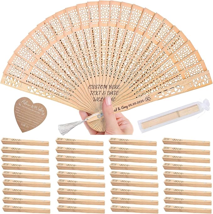 20pcs Personalized Wedding Fans for Guests - Custom Wooden Hand Fans with Names/Dates - Bulk Wedding Favors for Bridal Shower, Baby Shower & Parties (Wood, 20pcs)