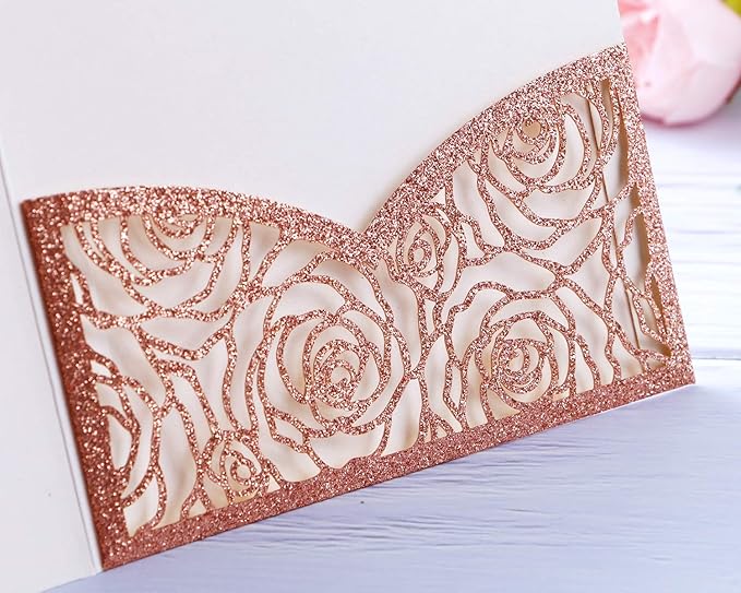 20 Pcs Laser Cut Wedding Invitations Card Pocket with Envelope for Birthday Party Baby or Bride Shower Invite suitable for 5 * 7 Inches Insert Paper (Rose Gold Glitter)