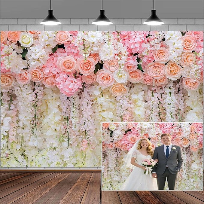 5x4ft Pink Rose Flower Wedding Photography Backdrop Spring Floral Photography Backdrop Valentine's Day Mother's Day Girl Birthday Baby Shower Wedding Bridal Party Banner Photo Booth Props Background