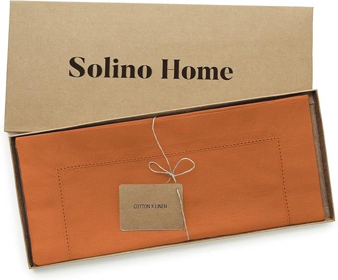 Solino Home Cotton Linen Table Runner 48 Inches - Pumpkin Hemstitch Table Runner 14 x 48 Inch Ideal for Dresser and Coffee Tables - Fall, Autumn, Halloween, Thanksgiving, Holiday
