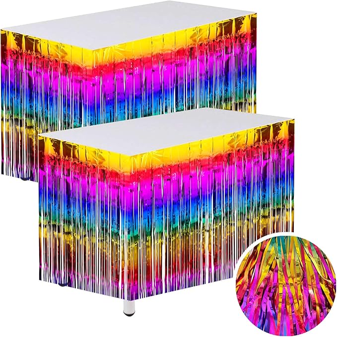 Rainbow Streamers Party Decorations, 2 Packs Gradient Rainbow Table Skirts Metallic Foil Fringe Tinsel for Birthday Unicorn Pride Gay Fiesta Graduation Float Parade Party Supplies - 29x108 Inch