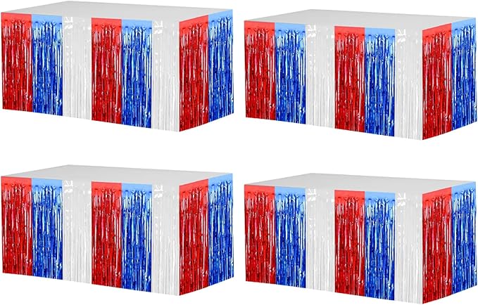 4 Pack 29x108 Inch Metallic Foil Fringe Tinsel Table Skirts for Rectangle Tables Streamer Backdrop for Wedding, Birthday, Parade Floats, Christmas, Halloween Party Decoration(White Blue Red)
