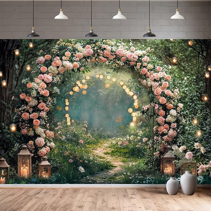 7x5ft Enchanted Forest Wedding Photography Backdrop Wonderland Roses Fairy Tale Backdrop Pink Flower Birthday Newborn Baby Shower Wedding Bridal Party Banner Photo Booth Props Anniversary Background
