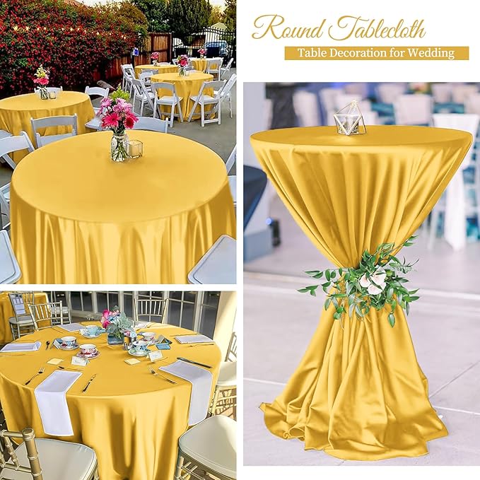 6 Pack 108 Inch Gold Satin Tablecloth - Premium Bright Silky Round Tablecloth Overlay Smooth Fabric Table Cover, Table Decoration for Wedding Party Banquet Events Restaurant Kitchen Dining