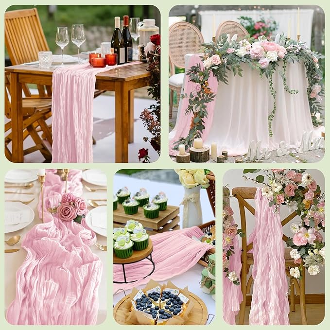 Asee'm 3pcs Cheesecloth Table Runner 120 Inches Blushing Pink Boho Gauze Cheese Cloth Runner 10FT Rustic Sheer Fall Table Runners for Thanksgiving Wedding Baby Shower Holiday Party Decoration