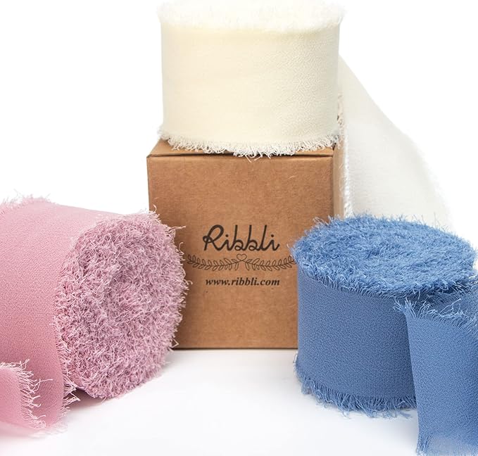 Ribbli Chiffon Silk Ribbon, 1.5 in x 30 Yards, Ivory/Dusty Rose/Dusty Blue Fringe for Wedding Invitations, Bridal Bouquets, Flower Arrangements