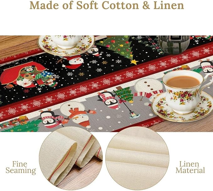 Christmas Table Runner,Cartoon Snowman Tree Xmas Deer Elk Santa Claus Print Tablecloth Burlap for Hotel Indoors Outdoor Dining Room Kitchen Home Decor,W13X L90 in
