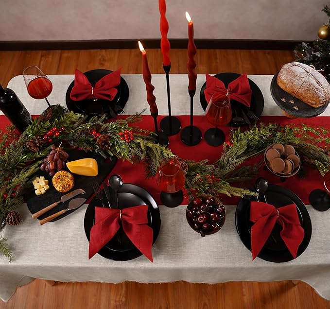 100% Pure Linen Red Napkins 20 x 20 Inch - Hemstitch Christmas Dinner Napkins Set of 4 - Cloth Fabric Napkins for Thanksgiving, Winter, New Year - Elara