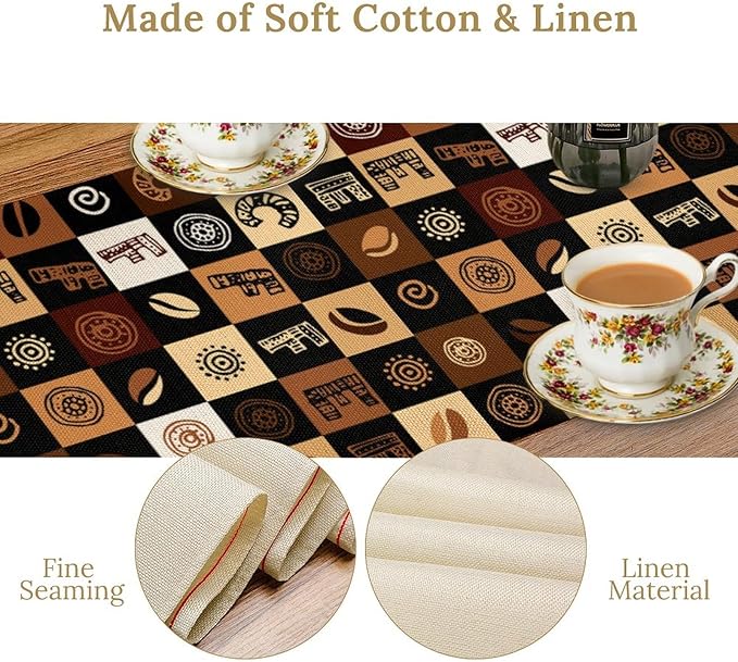 Coffee Theme Table Runner, Rustic Farmhouse Coffee Cup Latte Cappuccino Tea Party Cafe Table Center Decor for Home Kitchen Dining Patio Holiday Party Indoor Outdoor Table Decorations, 13"x90" Inch