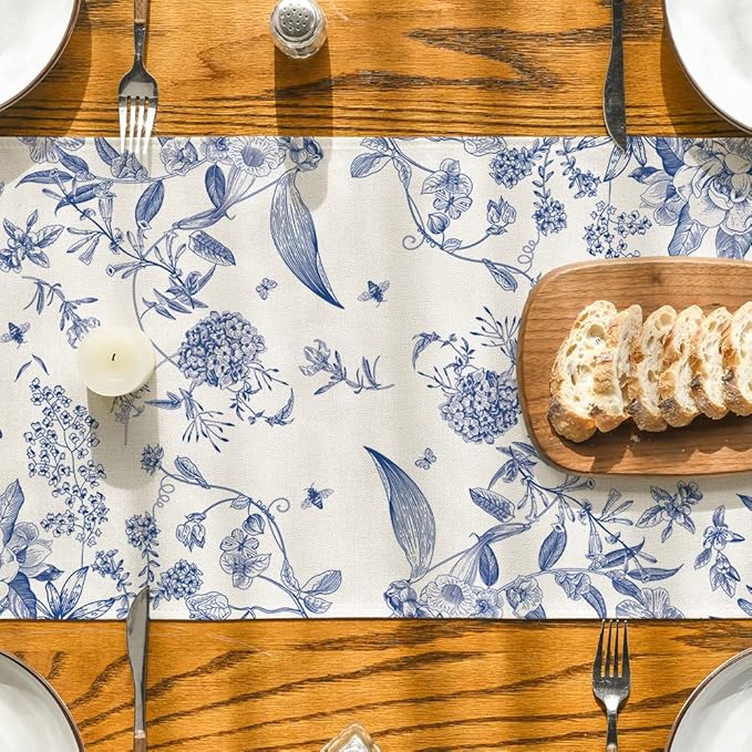 Artoid Mode Monochrome Sketch Birds and Flowers Spring Table Runner, Seasonal Summer Fall Kitchen Dining Table Decoration for Home Party Decor 13x120 Inch