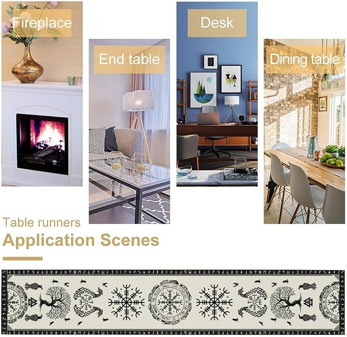 Ancient Abstract Pattern Table Runner, Tree of Life Eagle Dragon Boat Rudder Black and White Table Runner for Party Kitchen Dinner Cafe Bedroom Living Room Outdoor 13x70 Inch