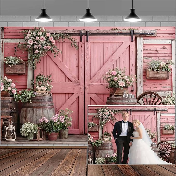 5x4ft Country Wedding Pink Photography Backdrop Rustic Wooden Barn Door Photography Backdrop Farmhouse Flower Western Girl Birthday Baby Shower Wedding Bridal Party Banner Photo Booth Props Background