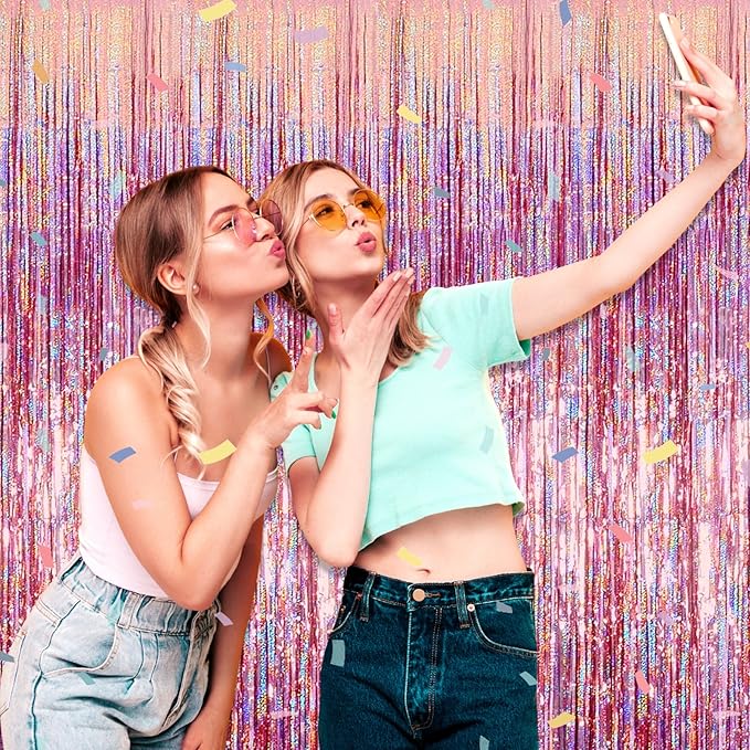 6 Pack Rose Gold Foil Fringe Curtain Backdrop, 3.28Ft x 8.2Ft Metallic Tinsel Foil Fringe Streamer Curtains for Photo Booth, Birthday, Wedding, New Year Party Decorations