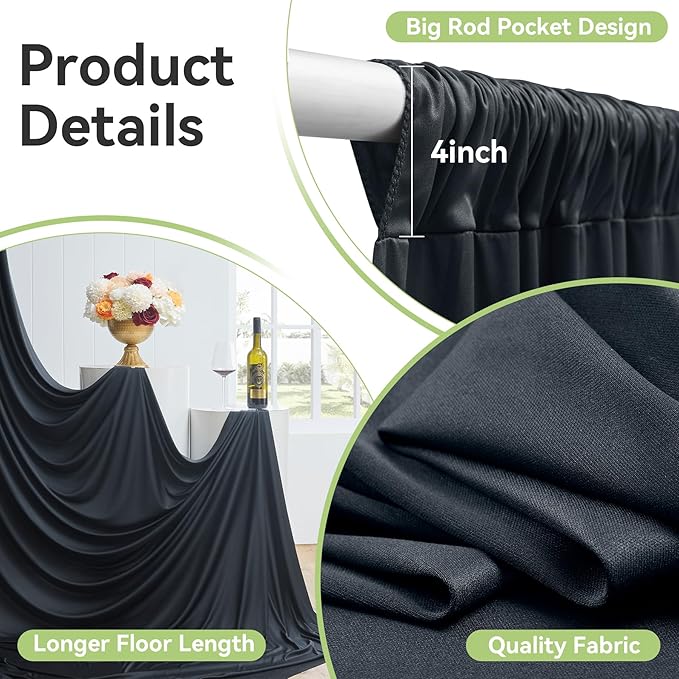60ftx14ft Wrinkle Free Black Backdrop Curtain, 12 Panels 14FT Height Black Wedding Backdrop Drapes, Silky Polyester Back Drop Cloth for Birthday Photography Background Party Backdrop Draping