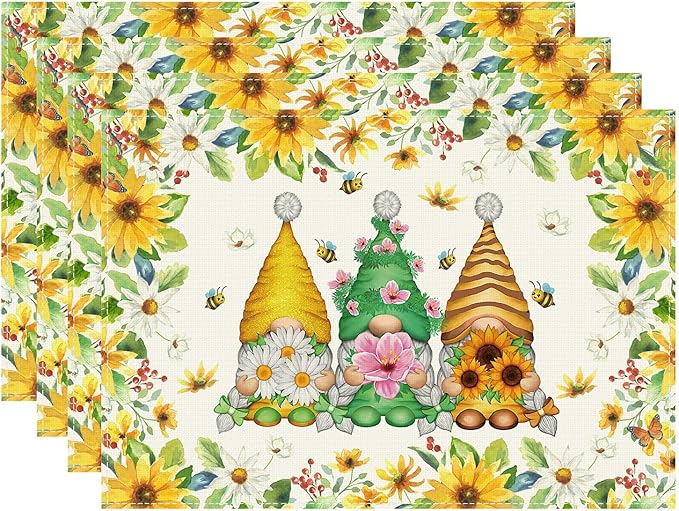 XCHI Daisies Flowers Gnomes Spring Placemats Set of 4 Table Mats Summer Seasonal Table Decorations 12x18 Inch