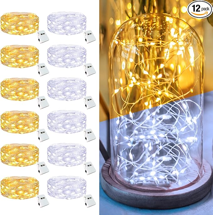 12 Pack Fairy Lights Battery Operated - 7ft 20 Led Twinkle Lights 3 Modes, Bulk Mini String Lights Waterproof for Mason Jars Vases DIY Party Wedding -Warm White & Cold White
