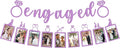 Pre-Strung Engaged Photo Banner - Purple Glitter Engagement Party Decoration Supplies with Romantic Memories Picture Card Frames for Bachelorette, Bridal Shower, Wedding Party Photo Booth Props