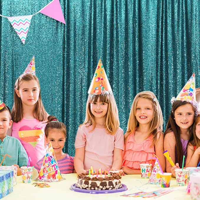 SquarePie Sequin Backdrop Curtain Not See Through Thick Glitter Background for Party 8FT x 10FT Teal