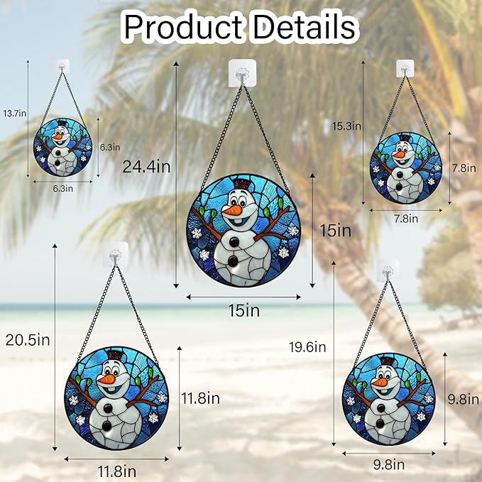 Stained Glass Window Hanging Christmas Funny Snowman 15" - Suncatcher Door Garden Blue White Snowflakes Sun Catcher New Year Birthday for Friend Mom Men Woman Nana