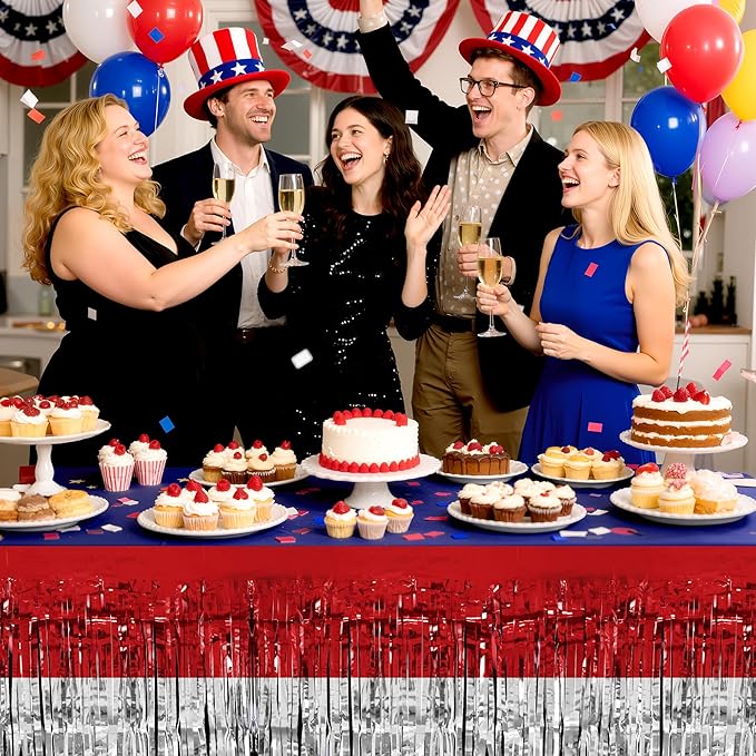 2 Pack Red&White&Blue Table Skirts, 29x108" Metallic Foil Tinsel Fringe Table Skirt for Rectangle Tables Streamer Curtains Backdrop, Party Decorations for Birthdays, Weddings, Holidays