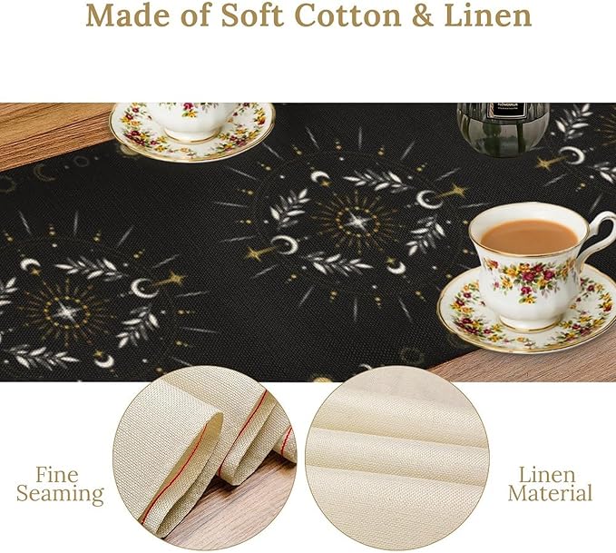 Sun Moon Table Runner - Magical Leaves Mysterious Western Traditional Elements Black White Table Runner for Party Living Room Home Kitchen Dinner - 13x70 Inch