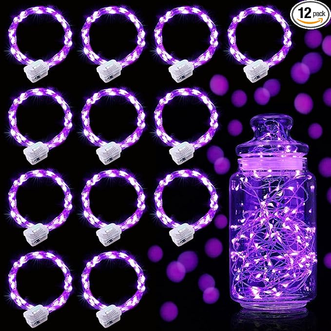 Aogist 12 Pack Fairy Lights 3 Modes 7ft 20 LED Waterproof,Battery Operated Silver Wire Firefly Starry Moon Mini String Lights for Mason Jars Christmas Halloween DIY Crafts Wedding Party Bedroom,Purple