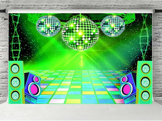 Dance Party Backdrop Retro 80s 90s Theme Stage Dance Ball Music Birthday Party Decoration DJ Photography Background 5 x 3 ft for Baby Shower Picture Photo Shoot Polyester Fabric, Green