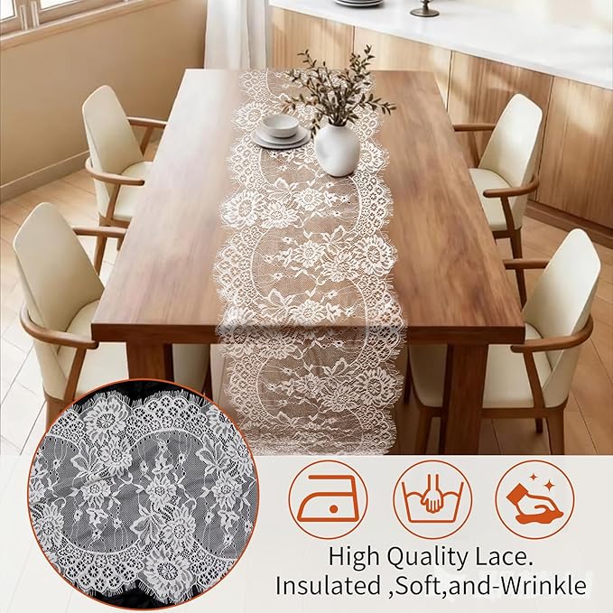 HAIBAS 12 Pcs White Lace Table Runners 14 x 120 Inch Boho Rose Embroidered Floral Vintage Rustic Table Decoration for Wedding Party Bridal Shower Decorations