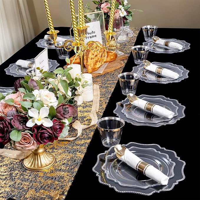 COLOSUS 350pcs Clear Plastic Plates Disposable Gold Cutlery Dinnerware set for party: 50 Dinner Plate, 50 Dessert Plate, 50 Per Rolled Napkins with Gold Silverware, 50 Cups 9 OZ for Wedding & Party