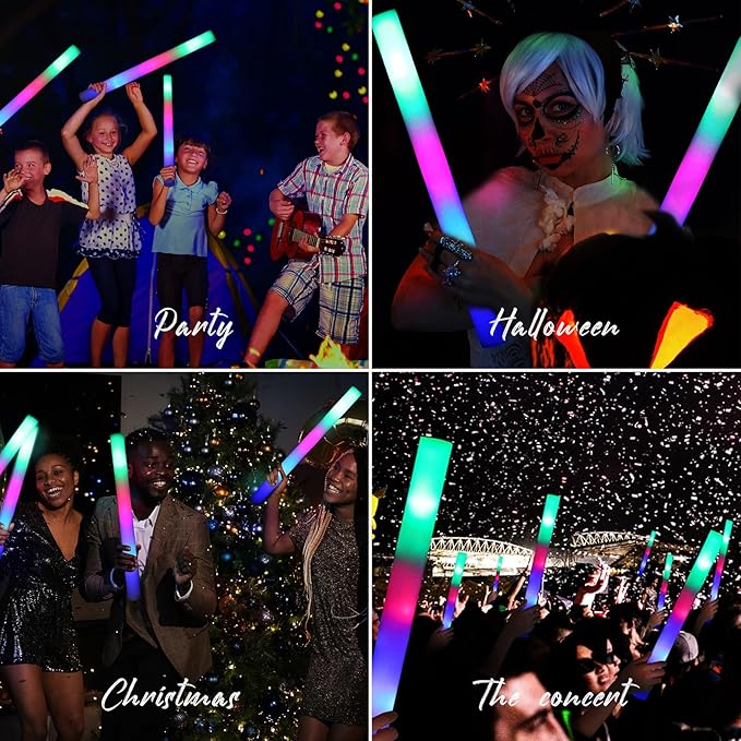 Pack of 100 Custom LED Party Foam Light Sticks Batons for Wedding, Parties, Birthdays, Guests, Party, DJ, Concerts, Festivals, Events, Promotions 3 Color Lighting Modes Batteries 16"