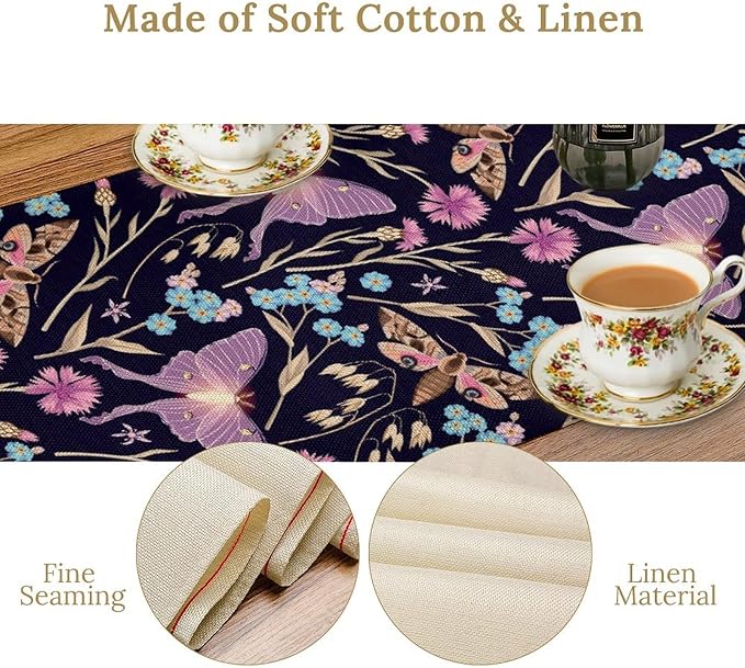 Moth Table Runner, Boho Aesthetic Moth Magic Table Runner for Home Kitchen Dining Party Indoor Outdoor Decoration 13x36 Inch