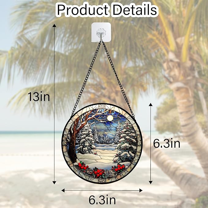 Stained Glass Window Hanging Christmas Tree Winter Snow Night Scenery 6.3" - Suncatcher Door Garden Kitchen Sun Catcher Home Decor Birthday for Mom Men Woman Friend