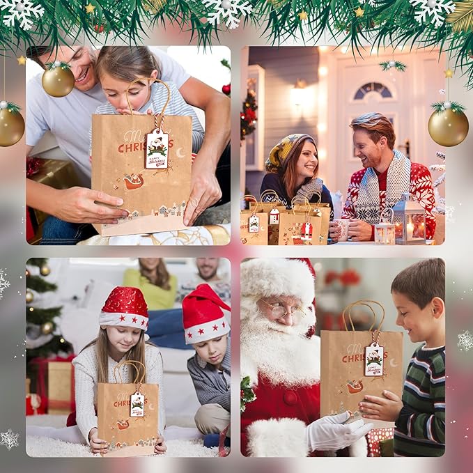 LYLIN 12Pcs Kraft Christmas Gift Bags with Handles, Small Xmas Treat Bags Reusable Gift Bags for Wrapping Gifts, Party Favors and Holiday Decor