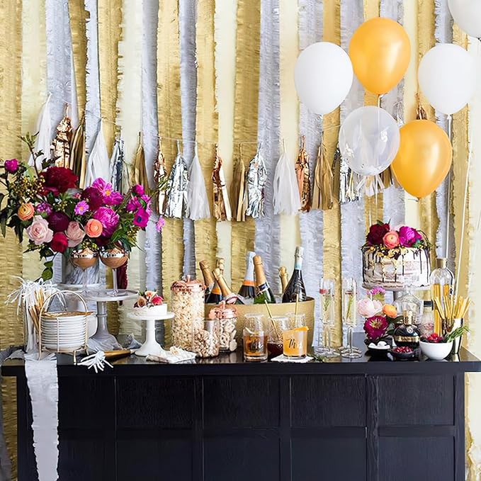 PartyWoo Crepe Paper Streamers 4 Rolls 328ft, Pack of Crepe Paper Pearl Gold Party Streamers, Crepe Paper for Birthday Decorations, Party Decorations, Baby Shower Decorations (1.8 in x 82 Ft/Roll)