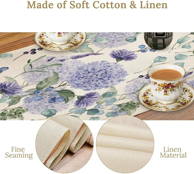 Spring Hydrangea Flower Table Runner, Seasonal Summer Plants Watercolor Eucalyptus Leaves Purple Florals Dinner Runner for Home Kitchen Dining Table Party Holiday Decoration 13"x70"