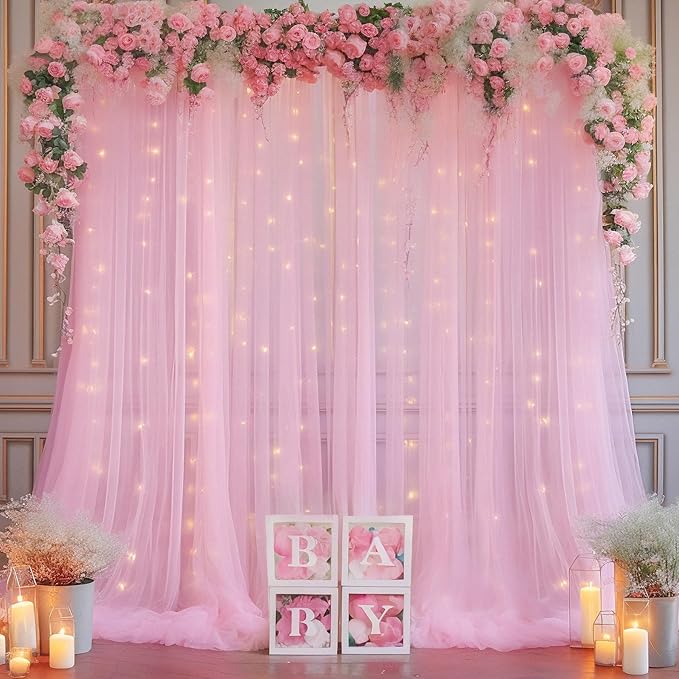 10×10ft Pink Tulle Backdrop Curtain with Lights String for Parties, Sheer Photo Curtain Backdrop Drapes for Wedding Party Photography Backgrounds