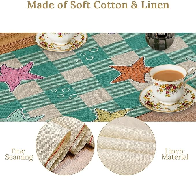 Starfish Plaid Table Flag Green Plaid and Marine Life Starfish Kitchen Table Flag Suitable for Birthday Party Restaurant Decoration Outdoor Picnic 13 * 90 Inch
