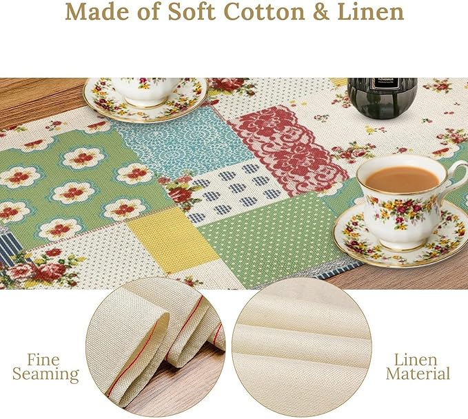Patchwork Boho Table Runner,Vintage Colorful Floral Plaid Polka Dot Print Tablecloth Burlap for Hotel Indoors Outdoor Dining Room Kitchen Home Decor,W13X L108 in