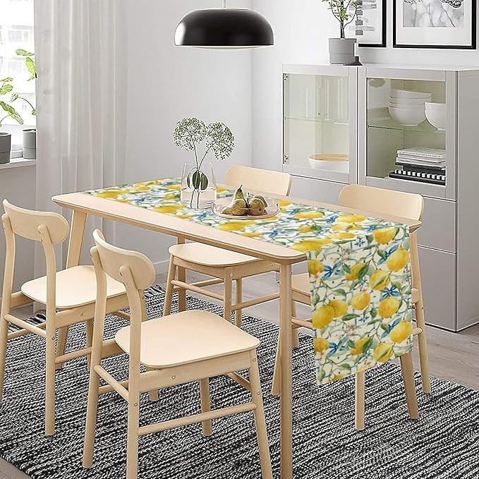 Lemon Table Runner,Watercolor Fruit Green Leaves Spring Summer Table Cloth Kitchen Dining Table Home Party Decoration 13x72 Inch